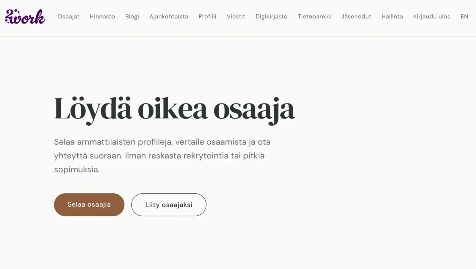 Kuvakaappaukset 2work-palvelusta: etusivu ja Miten se toimii -osio.