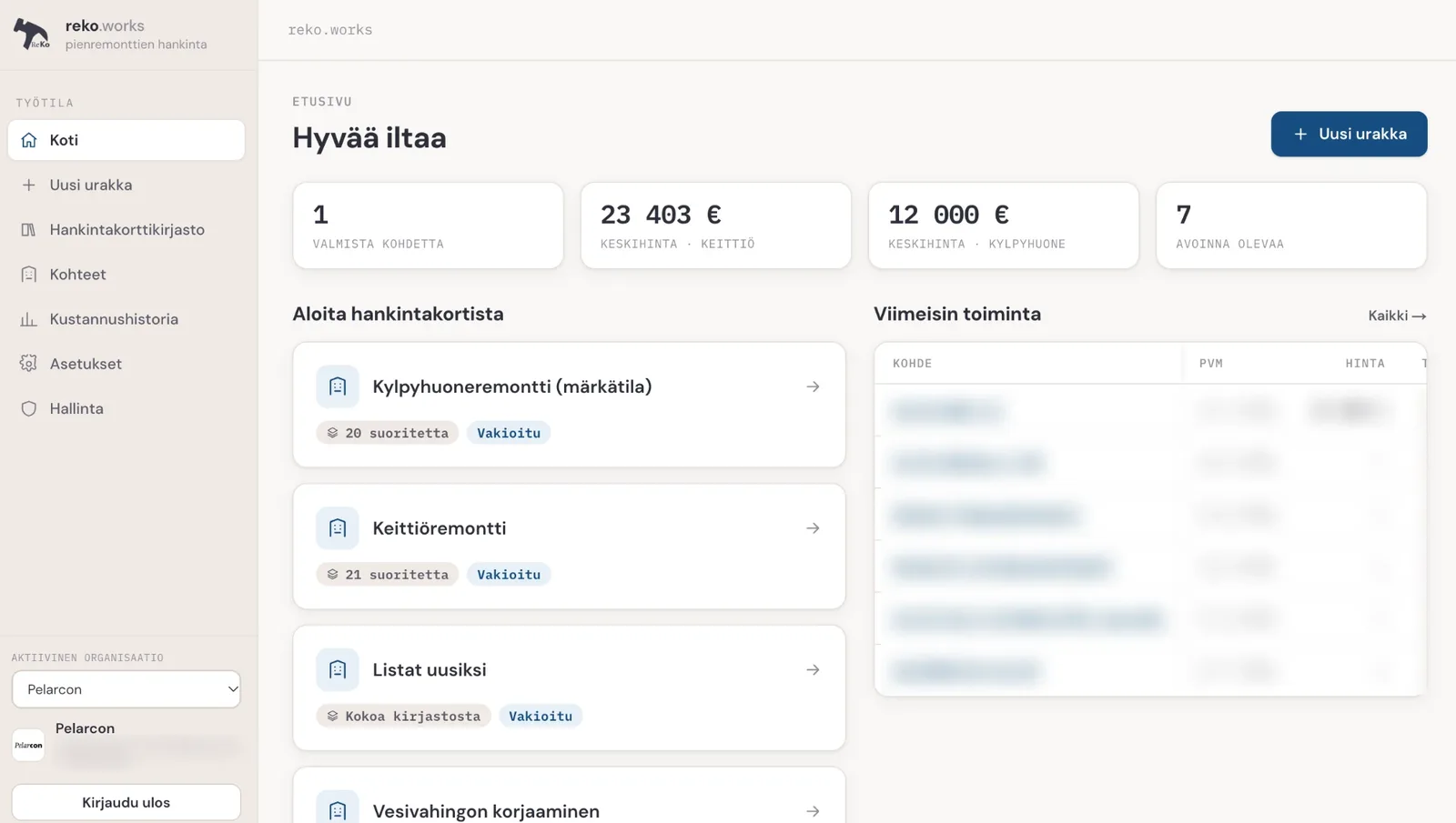 Kuvakaappaukset reko.works-palvelusta: etusivu ja hankintakorttikirjasto. Kohteiden nimet ja hinnat on sumennettu.